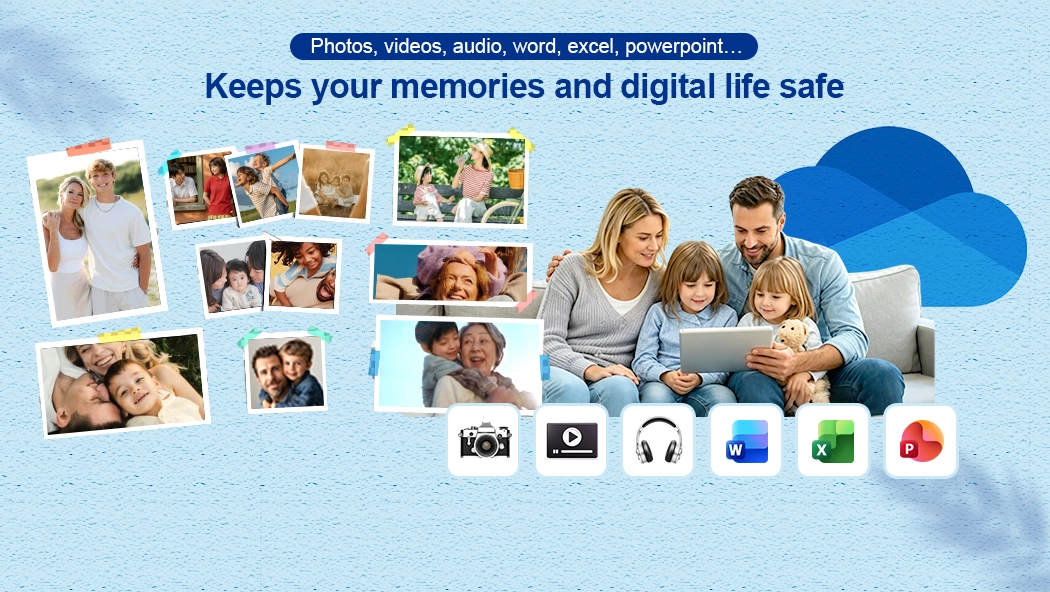 A family using a tablet to view photos, videos, and files. It's Ahsay backup that keeps their memories and digital live safe