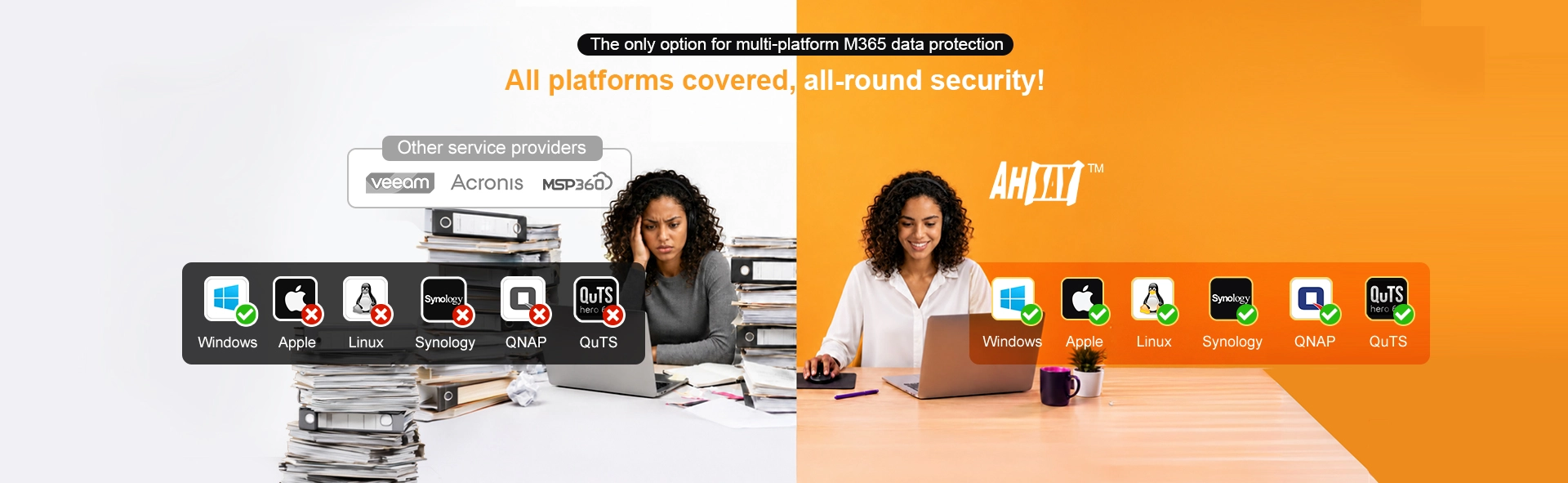 Ahsay cover Microsoft 365 backup from Windows, Apple, Linux, Synology to QNAP, while Veeam, Acronis, MSP360 only support Windows