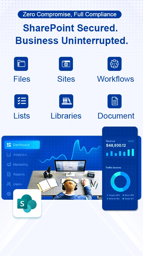 Ahsay user sits at a desk facing a monitor while Ahsay's Microsoft 365 SharePoint backup delivers business continuity