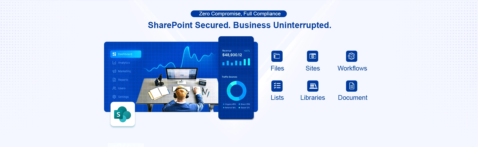 Ahsay user sits at a desk facing a monitor while Ahsay's Microsoft 365 SharePoint backup delivers business continuity