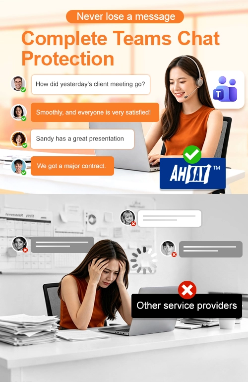 Satisfied user at a desk uses Ahsay for Teams chat backup versus stressed user with lost messages using other solutions