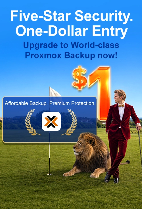 Luxury golf scene with Ahsay user, lion & jet. “Five-Star Security. One-Dollar Entry”.  Ahsay World-Class Proxmox Backup
