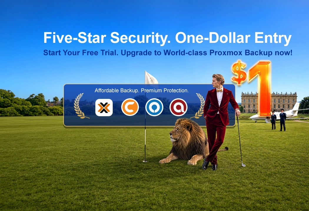 Luxury golf scene with Ahsay user, lion & jet. “Five-Star Security. One-Dollar Entry”.  Ahsay World-Class Proxmox Backup