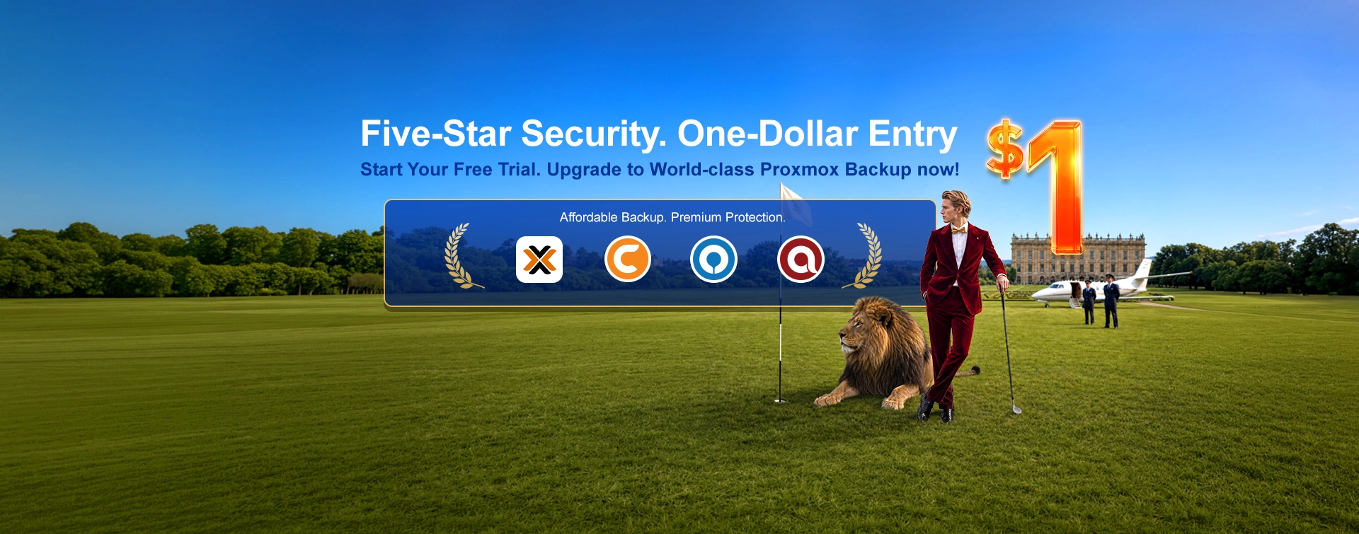 Luxury golf scene with Ahsay user, lion & jet. “Five-Star Security. One-Dollar Entry”.  Ahsay World-Class Proxmox Backup