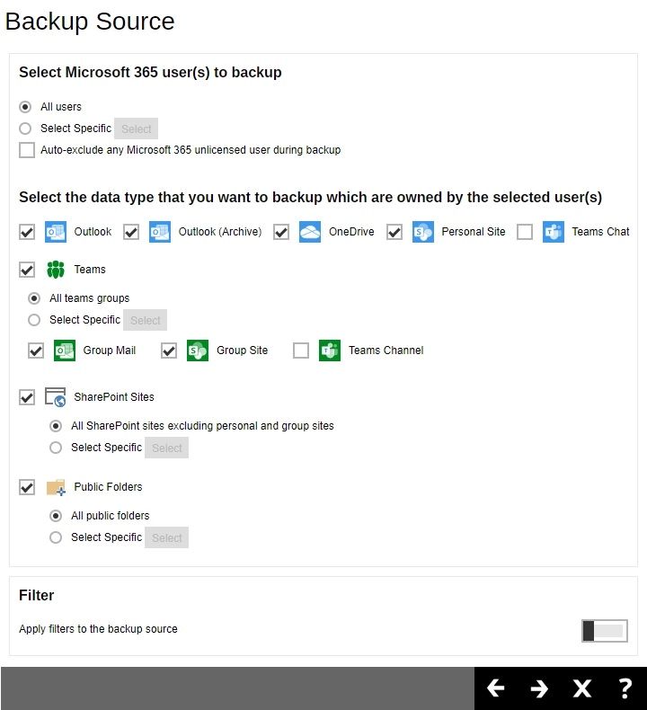 Microsoft 365 Backup Source Selection