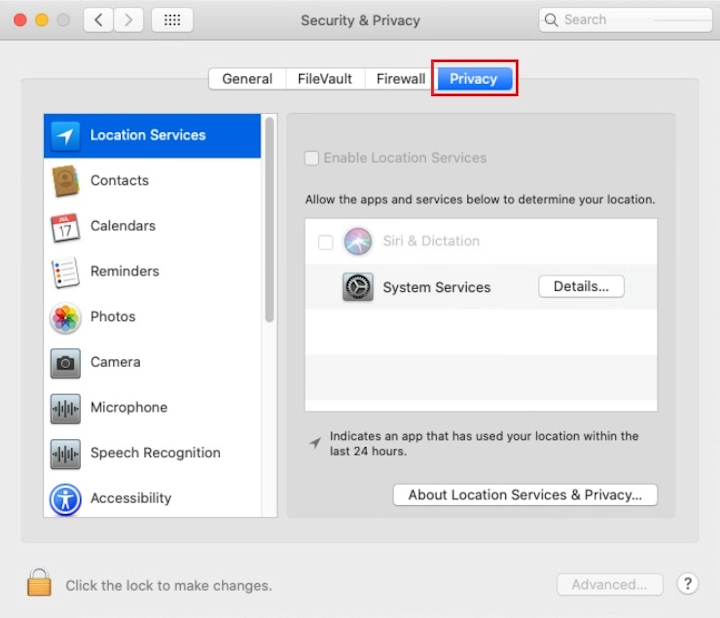 Privacy tab