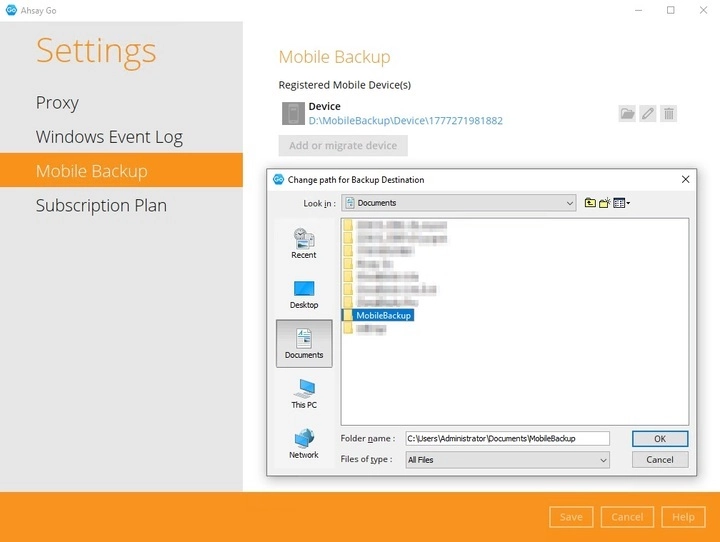 New Mobile Backup Destination