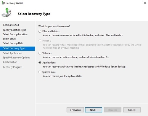 Applications Recovery Type